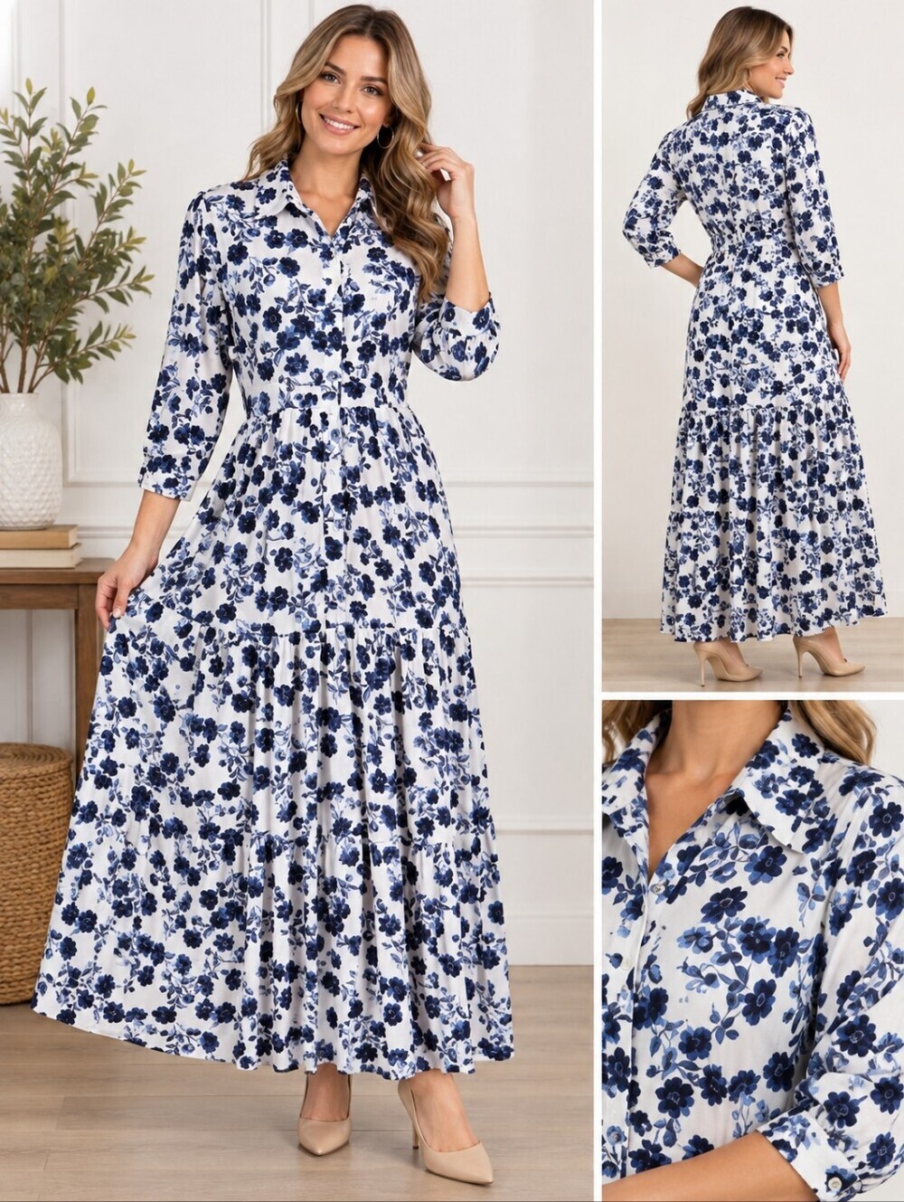 NY Collection Navy Blue & White Floral, Tiered Maxi-Dress, Size PS, NWT